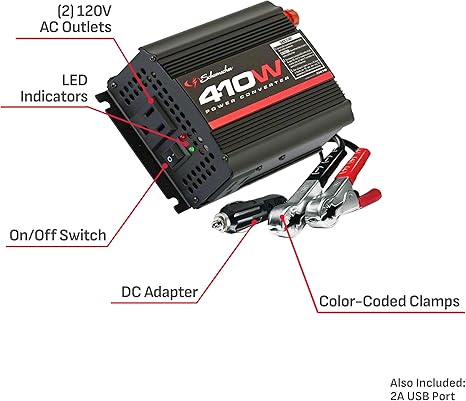 Schumacher Electric XI41B DC to AC Power Inverter with Two AC Outlets and USB Port, 410 Continuous Watt, 820 Peak Watt, 120 Volt AC, 2 Amp USB, Black, 1 Unit