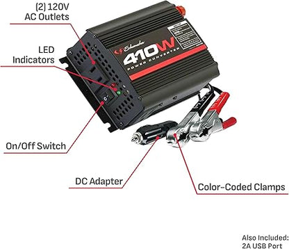 Schumacher Electric XI41B DC to AC Power Inverter with Two AC Outlets and USB Port, 410 Continuous Watt, 820 Peak Watt, 120 Volt AC, 2 Amp USB, Black, 1 Unit